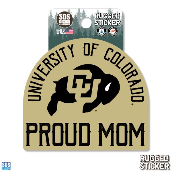 University of Colorado rugged sticker with the Colorado Buffaloes logo and "Proud Mom" text in black on a gold background.